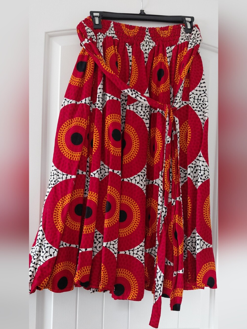 Red Patterned Midi Skirt with Waist Tie; Imported From Africa